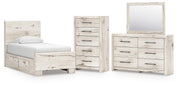 Lawroy Twin Panel Bed with Storage, Dresser, Mirror and Chest in Light Natural - PKG020243