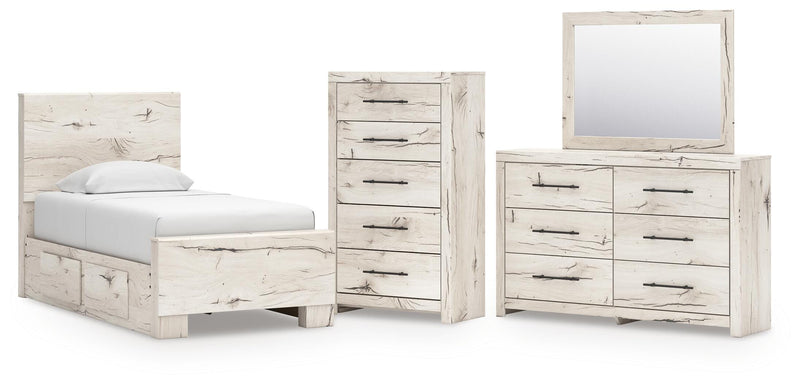 Lawroy Twin Panel Bed with Storage, Dresser, Mirror and Chest in Light Natural - PKG020243