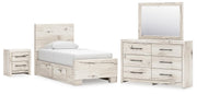 Lawroy Twin Panel Bed with Storage, Dresser, Mirror and Nightstand in Light Natural - PKG020242