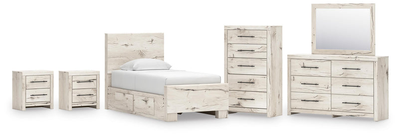 Lawroy Twin Panel Bed with Storage, Dresser, Mirror, Chest and 2 Nightstands in Light Natural - PKG020241