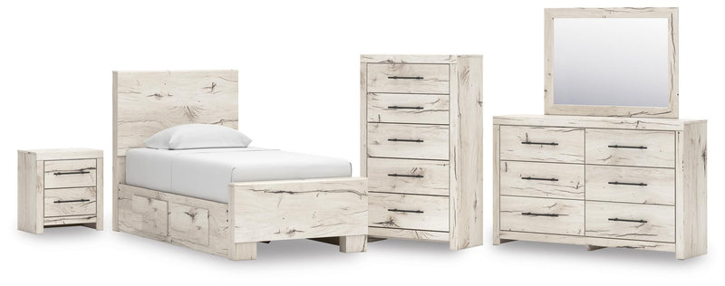 Lawroy Twin Panel Bed with Storage, Dresser, Mirror, Chest and Nightstand in Light Natural - PKG020244