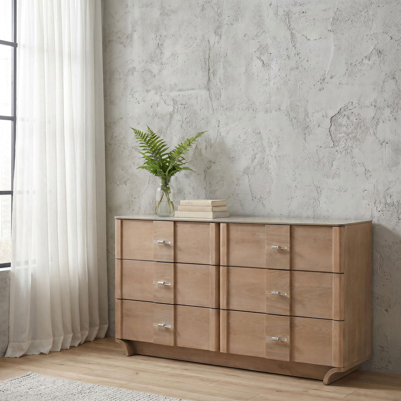 Leanne 6-drawer Sinter Stone Top Dresser Cabinet Light Oak - 223133
