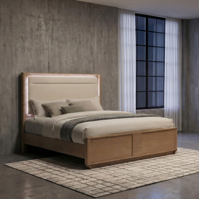 Leanne Eastern King LED Panel Bed Off White and Light Oak - 223131KE