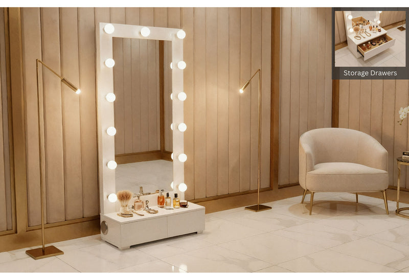 Ella White Narrow Tall Mirror With Led And Speaker - ELLA-WHITE-NARROW TALL MR W/ LED & SPEAKER