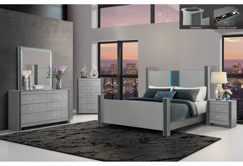 Logan Silver King Bed Group W/ Led And Speakers - LOGAN-SILVER-KBG W/LED & SPEAKERS