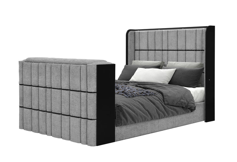 Isabella Grey Queen Bed W/Led, Tv Lift, Speaker And Fireplace - ISABELLA-GREY-QB W/LED TV LIFT SPKR & FPLC