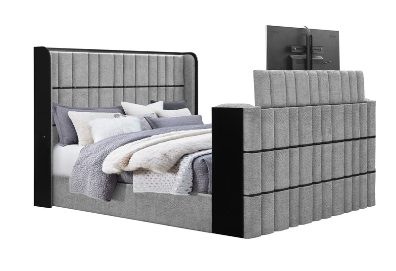 Isabella Grey King Bed W/Led, Tv Lift, Speaker And Fireplace - ISABELLA-GREY-KB W/LED TV LIFT SPKR & FPLC