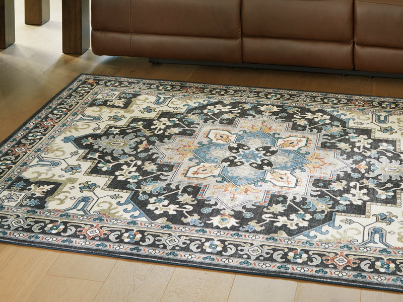 Leningston Black/Cream/Blue Washable Large Rug - R407061