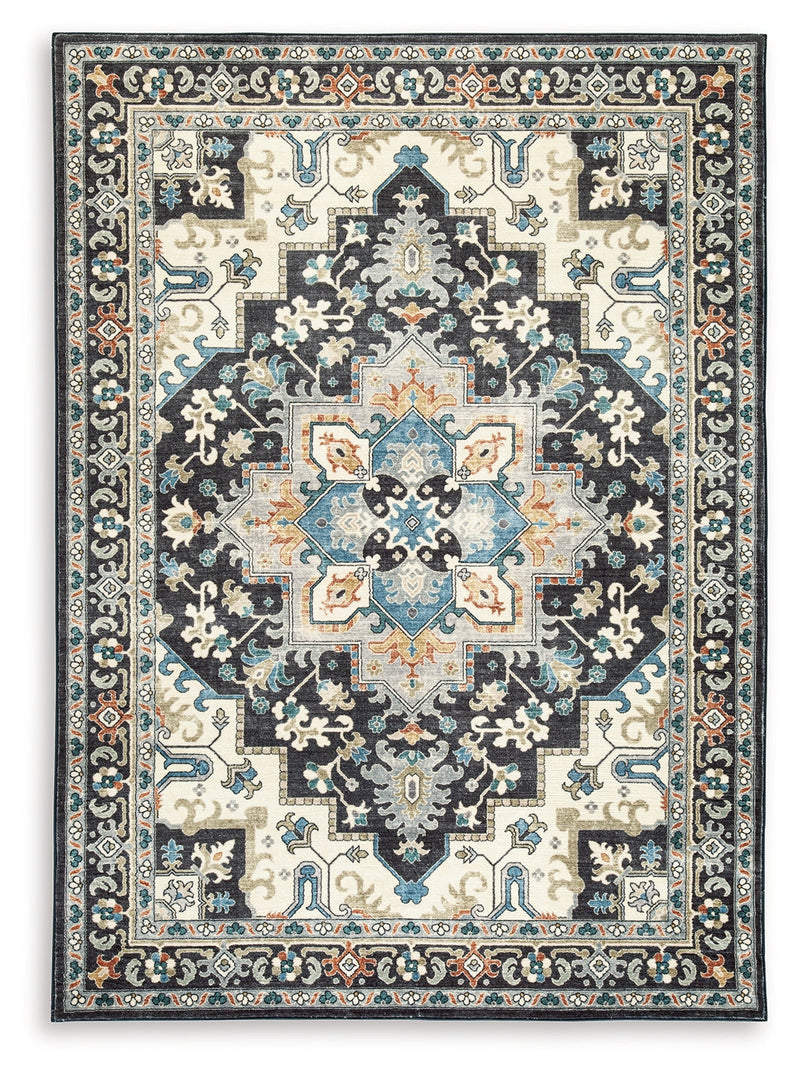 Leningston Black/Cream/Blue Washable Medium Rug - R407062