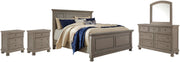 Lettner California King Panel Bed with Mirrored Dresser and 2 Nightstands in Light Gray - PKG006597