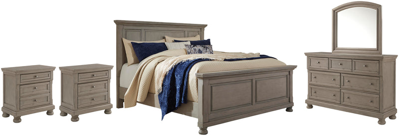 Lettner California King Panel Bed with Mirrored Dresser and 2 Nightstands in Light Gray - PKG006597