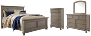 Lettner California King Panel Bed with Mirrored Dresser and Chest in Light Gray - PKG006598