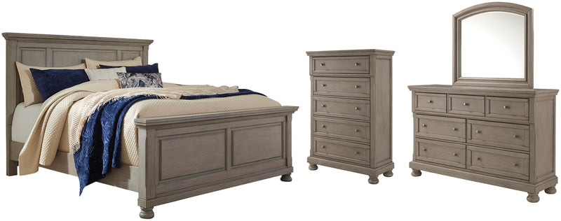 Lettner King Panel Bed with Mirrored Dresser and Chest in Light Gray - PKG006592