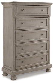 Lettner King Panel Bed with Mirrored Dresser and Chest in Light Gray - PKG006592