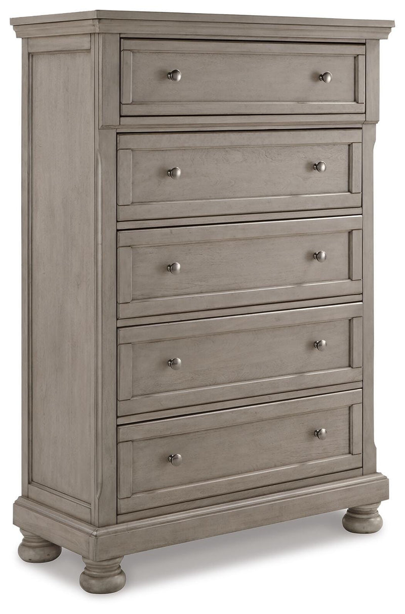 Lettner King Panel Bed with Mirrored Dresser and Chest in Light Gray - PKG006592