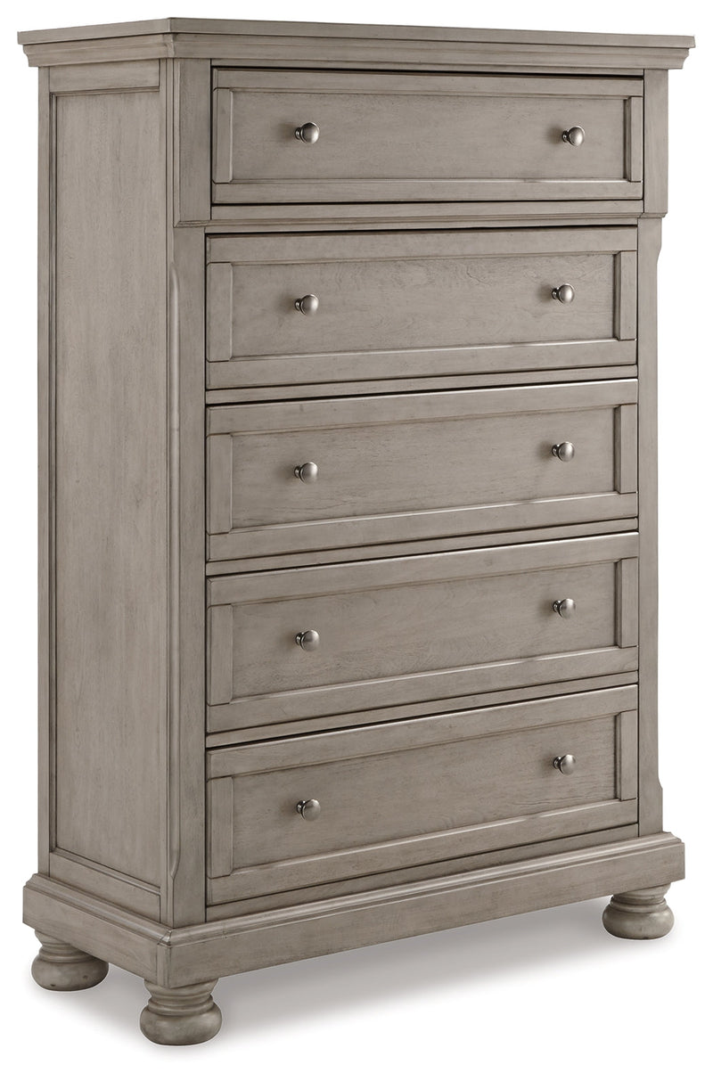 Lettner King Panel Bed with Mirrored Dresser, Chest and Nightstand in Light Gray from Ashley - Luna Furniture