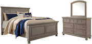 Lettner King Panel Bed with Mirrored Dresser in Light Gray - PKG006588