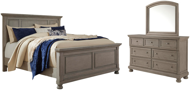 Lettner King Panel Bed with Mirrored Dresser in Light Gray - PKG006588
