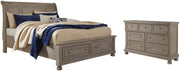 Lettner King Sleigh Bed with 2 Storage Drawers and Dresser in Light Gray - PKG006601