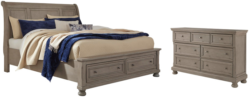 Lettner King Sleigh Bed with 2 Storage Drawers and Dresser in Light Gray - PKG006601
