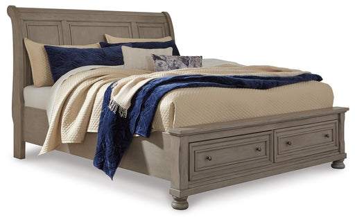 Lettner King Sleigh Bed with 2 Storage Drawers with Mirrored Dresser and Chest in Light Gray - PKG006604