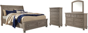 Lettner King Sleigh Bed with 2 Storage Drawers with Mirrored Dresser and Chest in Light Gray - PKG006604