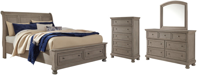Lettner King Sleigh Bed with 2 Storage Drawers with Mirrored Dresser and Chest in Light Gray - PKG006604