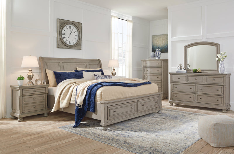 Lettner King Sleigh Bed with 2 Storage Drawers with Mirrored Dresser, Chest and Nightstand in Light Gray from Ashley - Luna Furniture