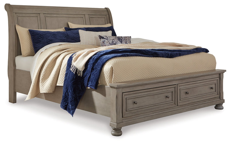 Lettner King Sleigh Bed with 2 Storage Drawers with Mirrored Dresser, Chest and Nightstand in Light Gray from Ashley - Luna Furniture