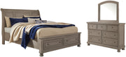 Lettner King Sleigh Bed with 2 Storage Drawers with Mirrored Dresser in Light Gray - PKG006602