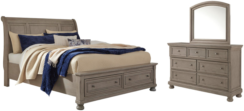 Lettner King Sleigh Bed with 2 Storage Drawers with Mirrored Dresser in Light Gray - PKG006602