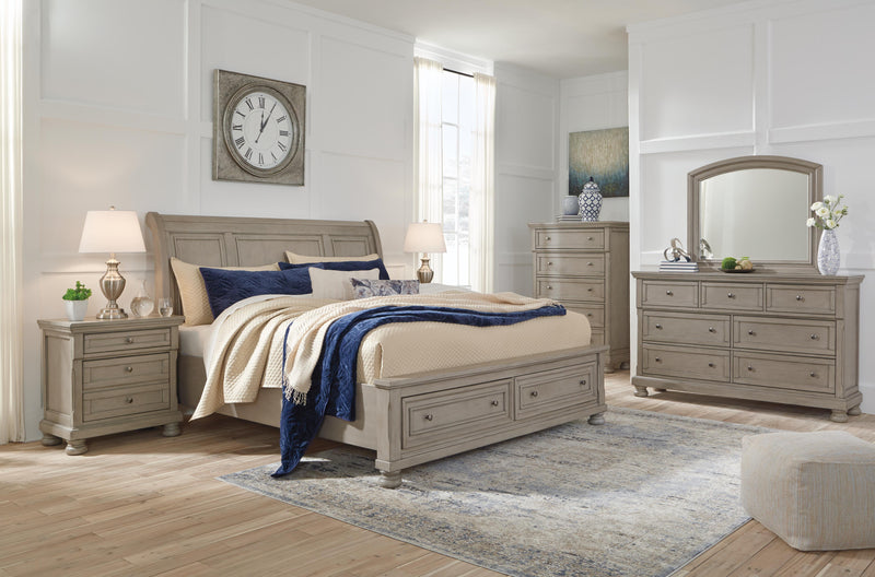 Lettner King Sleigh Bed with 2 Storage Drawers with Mirrored Dresser in Light Gray - PKG006602
