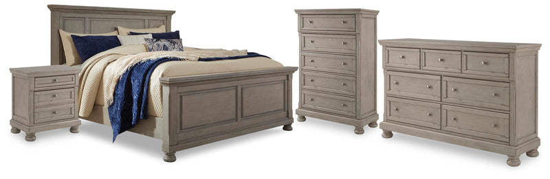 Lettner Light Gray California King Panel Bed, Dresser, Chest and 2 Nightstands - B733B47
