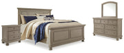 Lettner Light Gray King Panel Bed, Dresser, Mirror and 2 Nightstands - B733B48