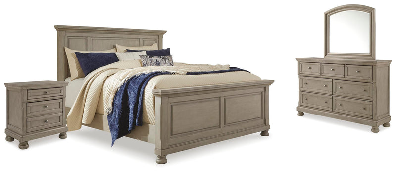 Lettner Light Gray King Panel Bed, Dresser, Mirror and 2 Nightstands - B733B48