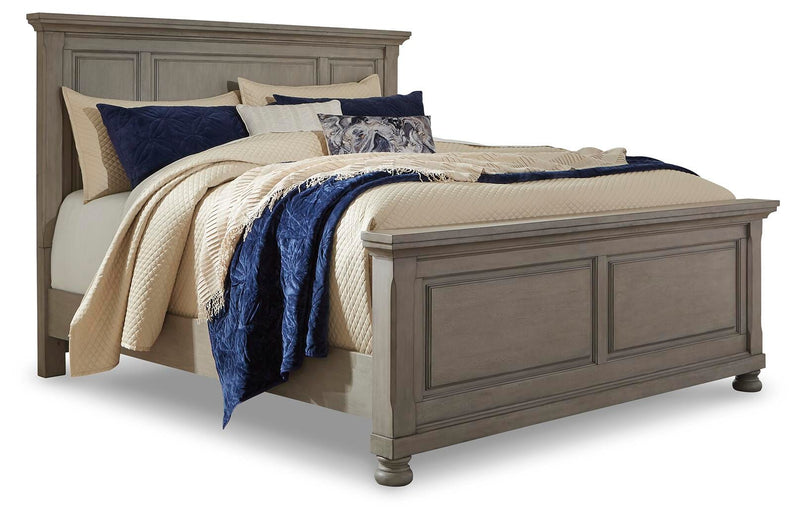 Lettner Light Gray King Panel Bed, Dresser, Mirror and 2 Nightstands - B733B48