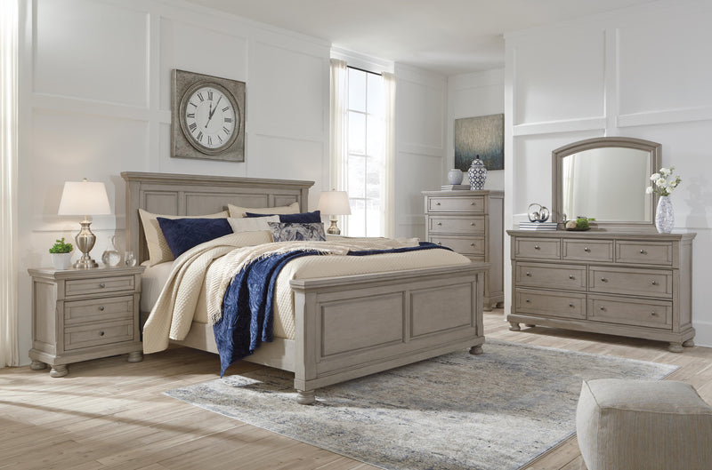 Lettner Light Gray King Panel Bed, Dresser, Mirror and 2 Nightstands - B733B48