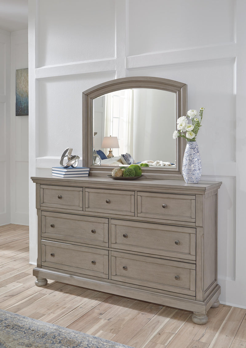 Lettner Light Gray King Panel Bed, Dresser, Mirror and 2 Nightstands - B733B48