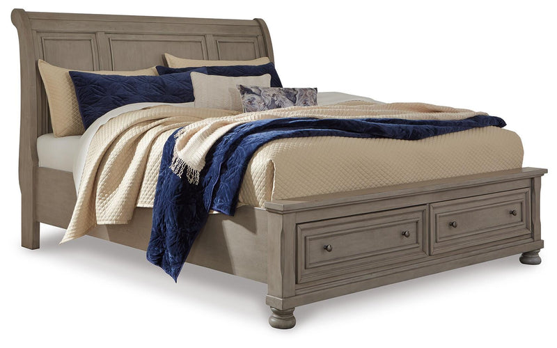 Lettner Queen Sleigh Bed with 2 Storage Drawers with Mirrored Dresser in Light Gray - PKG006582