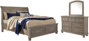 Lettner Queen Sleigh Bed with 2 Storage Drawers with Mirrored Dresser in Light Gray - PKG006582