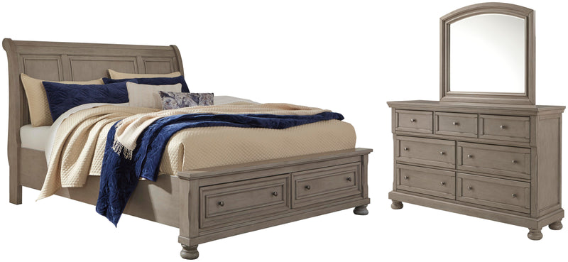 Lettner Queen Sleigh Bed with 2 Storage Drawers with Mirrored Dresser in Light Gray - PKG006582