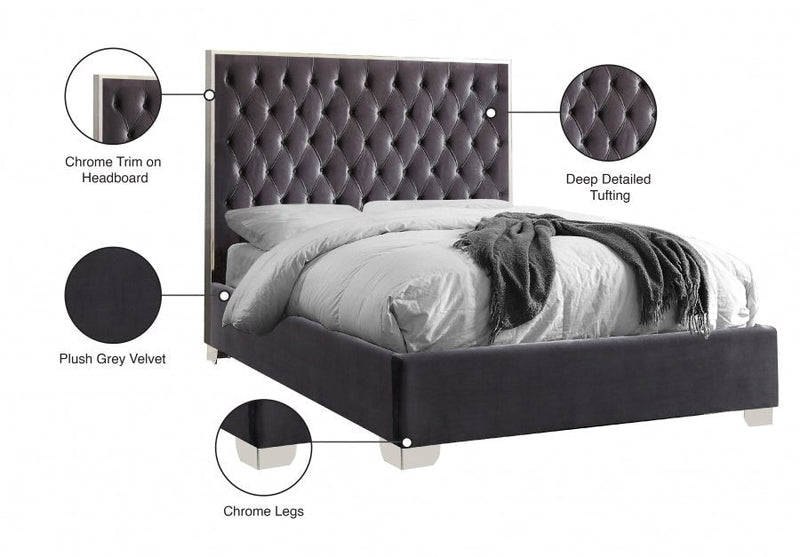 Lexi Velvet Queen Bed Grey - Gate FurnitureQueen Bed