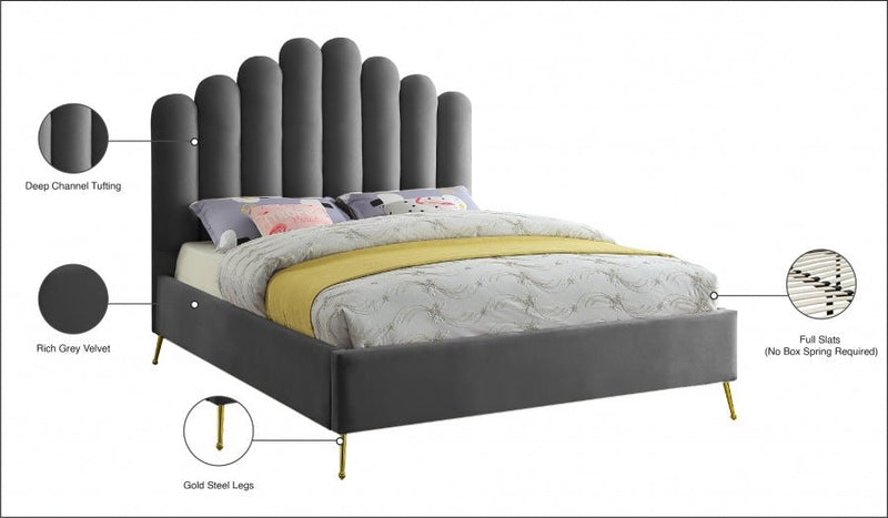 Lily Velvet Queen Bed Grey - Gate FurnitureQueen Bed