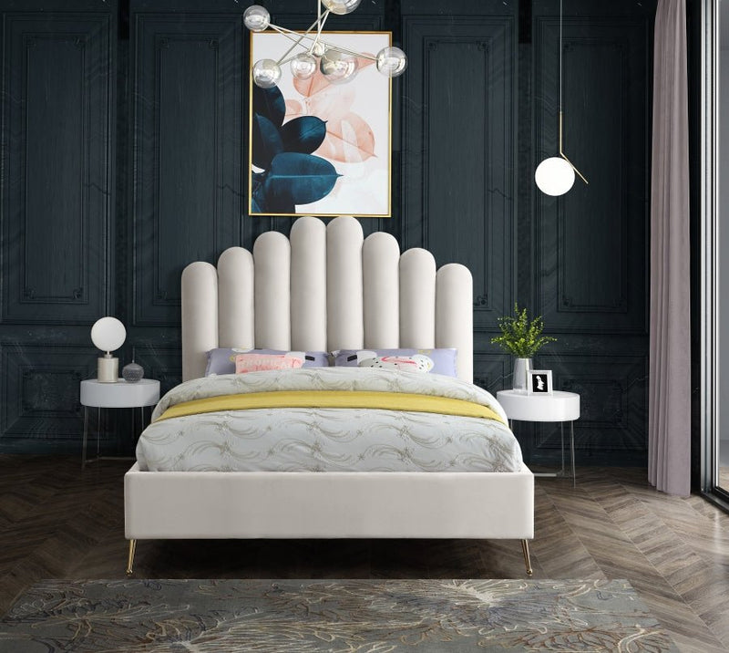 Lily Velvet Queen Bed in Cream - Gate FurnitureQueen Bed