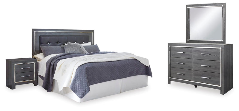 Lodanna Gray King Upholstered Panel Headboard, Dresser, Mirror, and Nightstand - B214B21