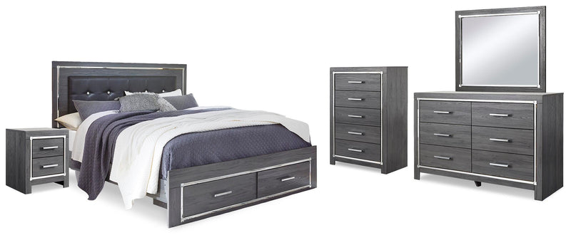 Lodanna Gray King Upholstered Storage Bed, Dresser, Mirror, Chest and 2 Nightstands - B214B29