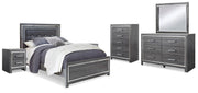 Lodanna Gray Queen Upholstered Panel Bed, Dresser, Mirror and 2 Nightstands - B214B36