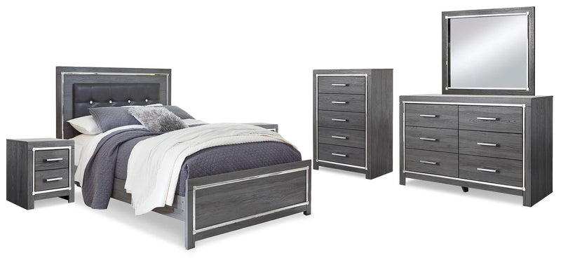 Lodanna Gray Queen Upholstered Panel Bed, Dresser, Mirror and 2 Nightstands - B214B36