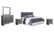Lodanna King/California King Upholstered Panel Headboard Bed with Mirrored Dresser and 2 Nightstands in Gray - PKG003493