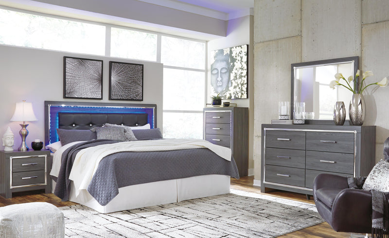 Lodanna King/California King Upholstered Panel Headboard Bed with Mirrored Dresser and 2 Nightstands in Gray - PKG003493